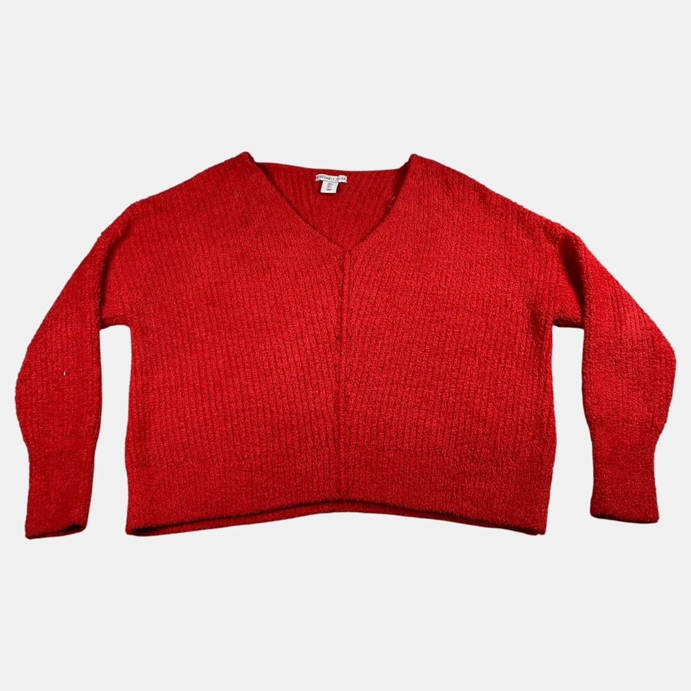 SINCERELY JULES Bright Red Fuzzy Textured V-neck Pullover Knit Sweater‎ Large
